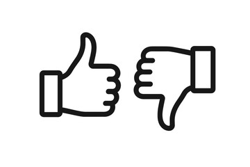 Thumbs up and thumbs down icon set. Like dislike hand gesture symbols for approval, rejection, rating, review, feedback. Outline vector pictogram isolated on transparent background.
