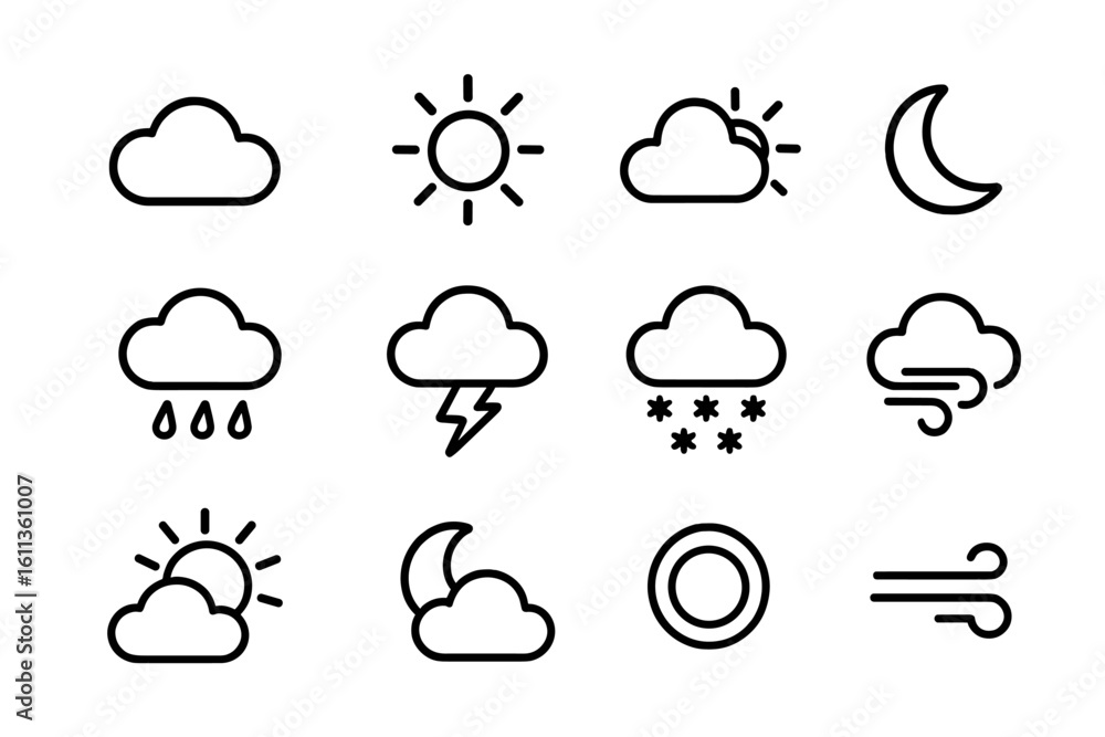 Aufkleber weather icons set simple line style. meteorology symbols collection for app ui website design. sun c