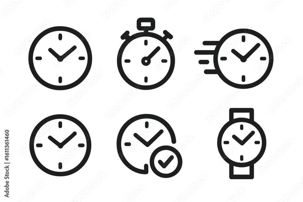 Poster time management outline icon set with clock, stopwatch, timer, wristwatch, deadline and chronograph 