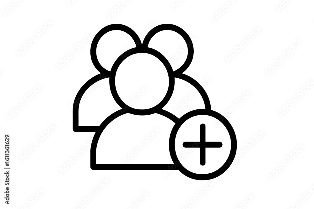 Poster add new user avatar icon with plus sign, outline group of people pictogram. join community, invite t