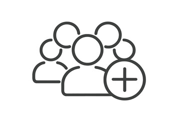 Add user icon outline, new member plus sign symbol, multiple people avatars, group team community concept for account registration, join social network, recruit, vector illustration