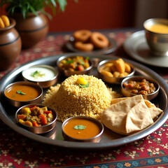 Traditional Indian Thali Meal with Assorted Dishes