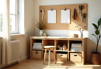 Generative AI Workspace with Craft Supplies and Natural Light Accenting the Scene