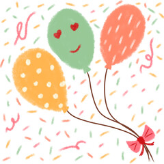 Hand drawn illustration of balloons and confetti floating in the air suitable for birthday and nursery concept.