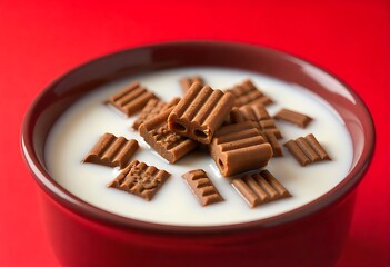 Generative AI Yummy chocolate cereal pieces are floating on the milk inside a red bowl with a red
