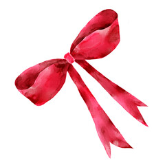 Watercolor hand drawn of red ribbon bow, clip art element decoraton.