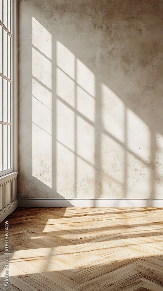 Poster sunlight streams through a window casting shadows on the floor