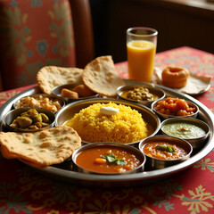 Traditional Indian Thali Meal with Assorted Dishes
