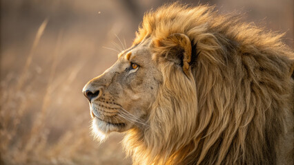 Obraz premium Majestic lion with thick, golden mane gazes into distance, showcasing its powerful presence natural setting. warm light highlights intricate textures of its fur, evoking sense of strength
