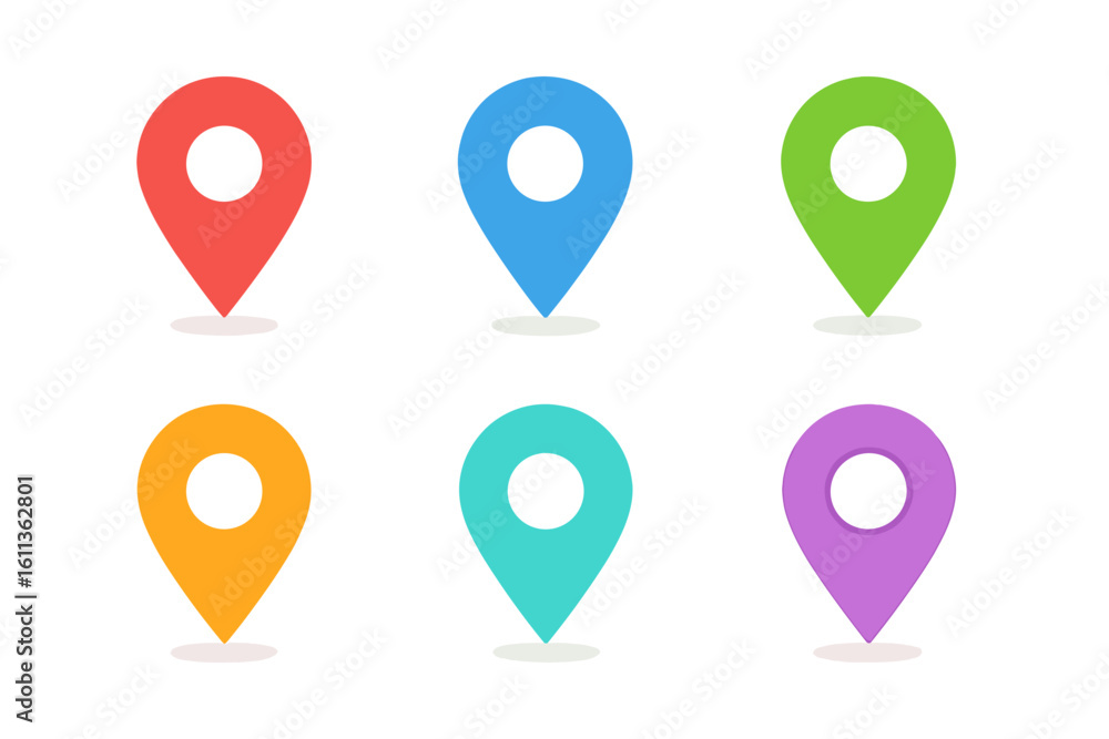 Poster colorful gps location pin icon set, 6 map marker pointers with hollow center for navigation, geoloca