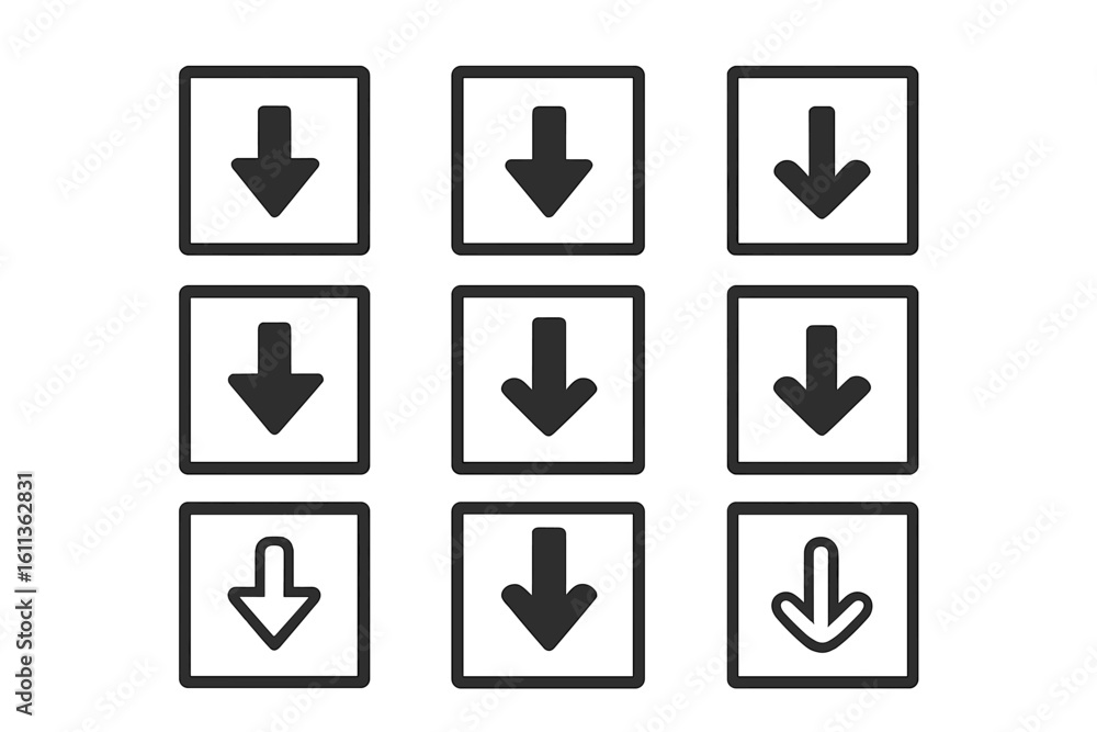 Poster download icon pack for apps and websites. set of vector arrow symbols in a square frame. ui ux graph