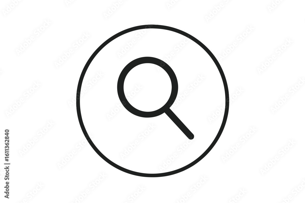 Poster magnifying glass search icon inside circle outline symbol. thin line find button element. zoom lens 