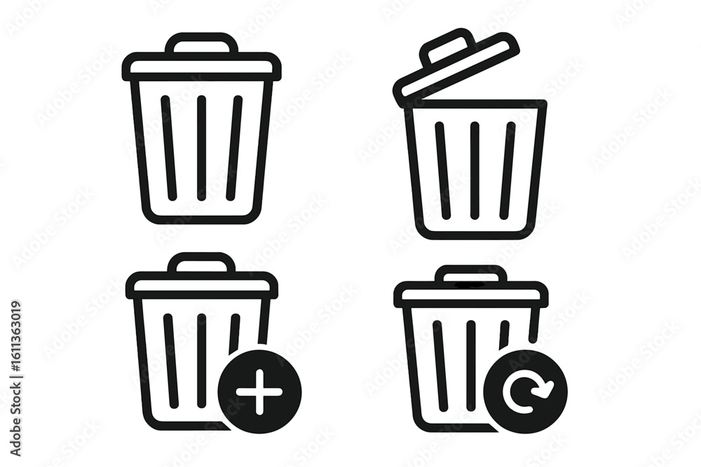 Fototapete trash can delete icons set. garbage bin symbols. add remove restore recycle waste basket. black whit