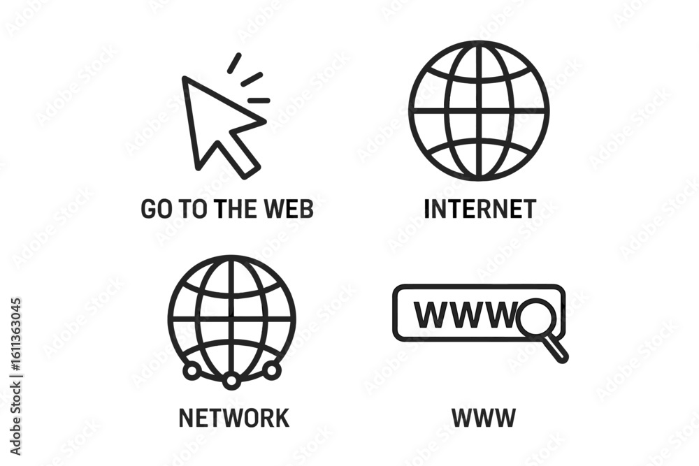 Poster flat linear web internet icons set cursor globe network www search symbols. website navigation eleme