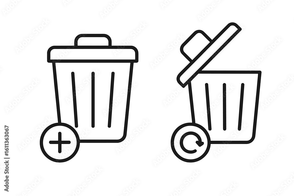 Poster trash can linear icons. delete, remove and restore data symbols. add to trash and recover file vecto