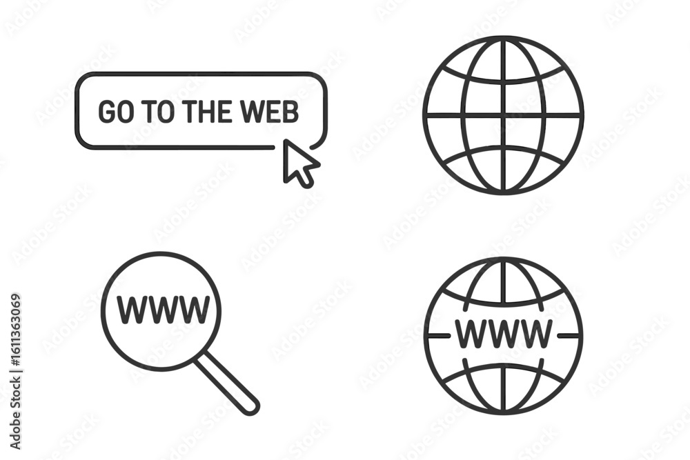 Fototapete flat linear web internet icons set. website www world wide web globe symbols. online digital network