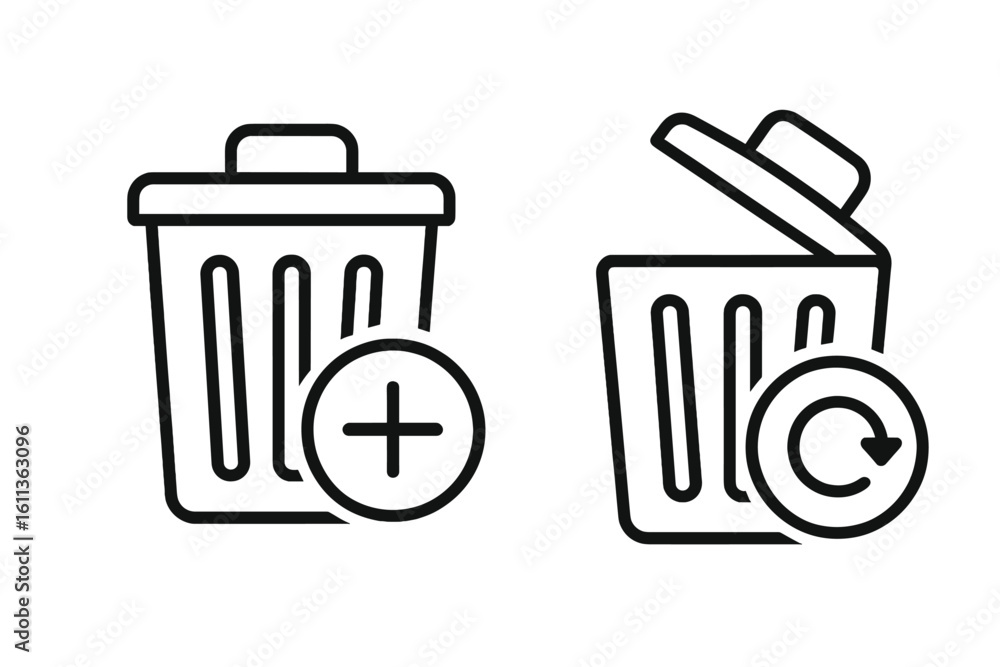 Poster trash can line icon set. flat linear design with delete, restore, and undelete symbols. ui ux elemen