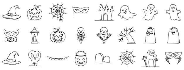 A collection of minimalist vector icons for Halloween celebrations. These include pumpkins, spider webs, haunted houses, candy bags, haunted houses, witch hats, and simple abstract illustrations.