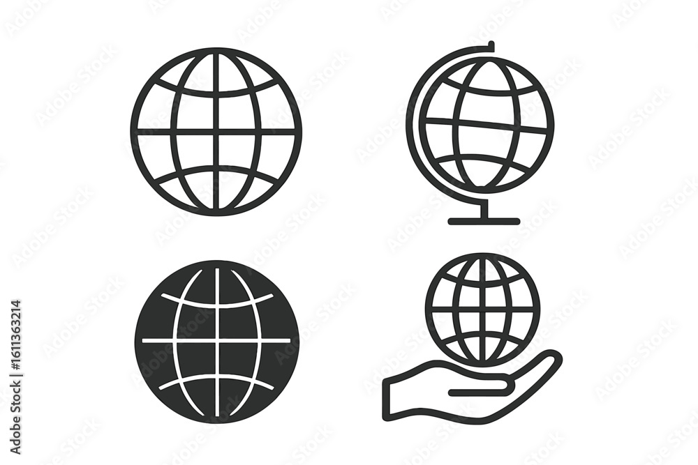 Poster globe world icons set collection flat linear outline style earth planet meridians hand holding inter