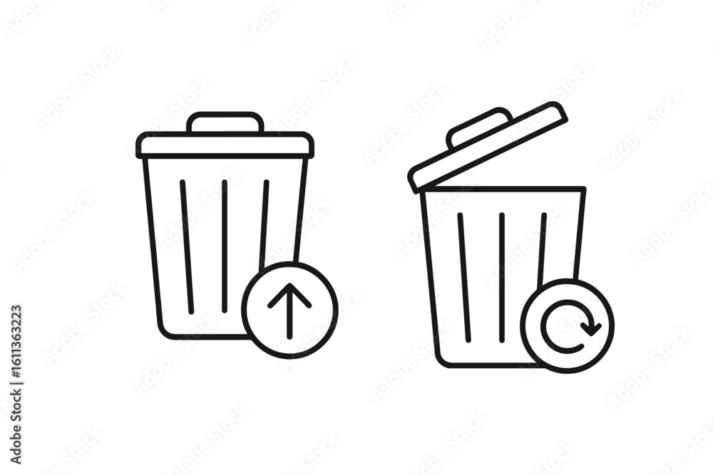 Poster trash can line icon set. delete, remove, restore data concept. simple outline vector illustration. r