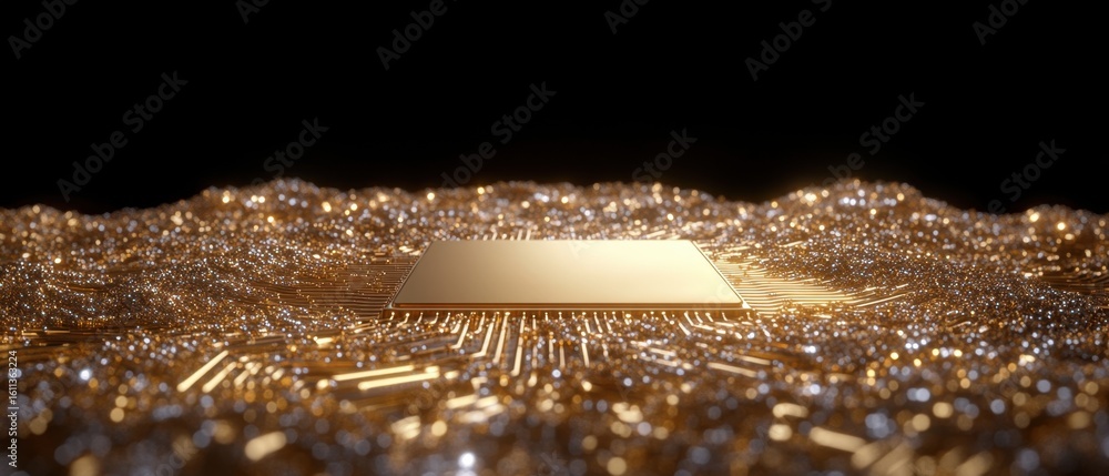 Poster golden microchip surrounded by glowing circuits on black background