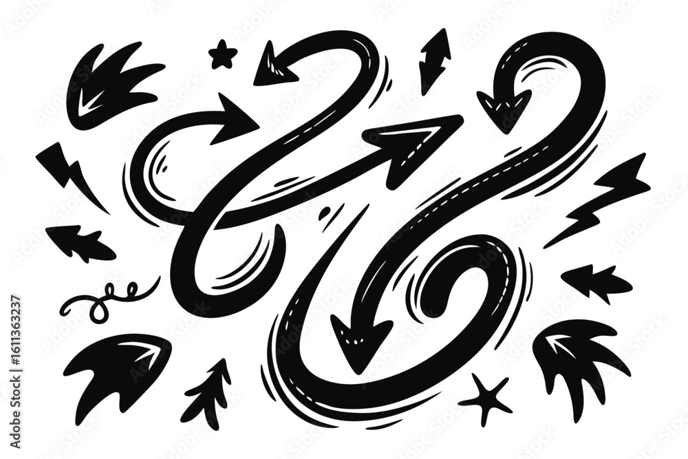Poster hand drawn black arrows and design elements vector illustration of pointers stars lightning bolts an