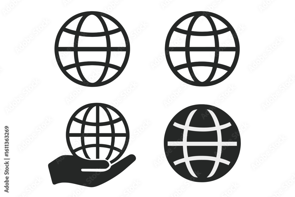 Poster globe world icon set vector. web internet planet earth symbols. linear outline solid global business