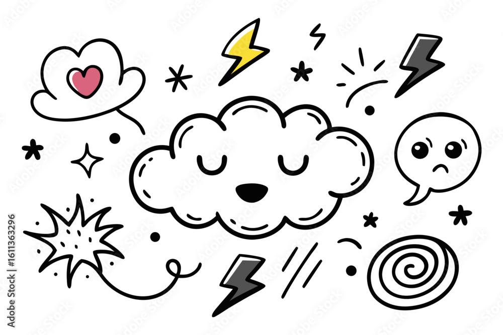 Poster hand drawn doodle set of different weather elements including clouds with faces lightning bolts star