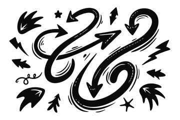 Hand drawn black arrows and design elements Vector illustration of pointers stars lightning bolts and swirls Isolated on white background for creative projects and presentations