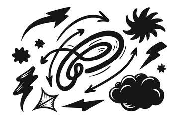 Hand Drawn Vector Black and White Arrows Lightning Cloud Stars and Abstract Shapes for Design Elements Decoration and Creative Projects on a White Background
