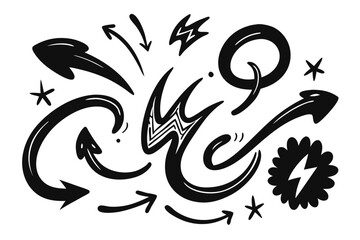 Hand Drawn Doodle Elements Set in Black and White Includes Arrows Stars Lightning Bolts and Abstract Shapes for Design and Decoration Vector Illustration