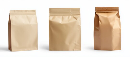 Three brown kraft stand up pouch bags for food packaging isolated on white background