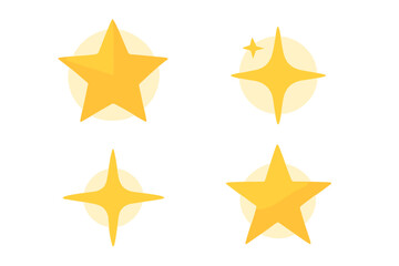 Golden star icons vector set. Yellow decorative stars sparkle elements with circle shadow. Shiny rating symbols. Award badge graphics transparent background design