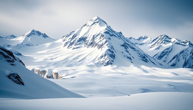 snowcapped mountains, snowy glacier, epic winter landscape, dramatic sky, scenic alpine vista, majestic peaks, icy wonderland, serene wilderness, breathtaking panorama, nature's grandeur
