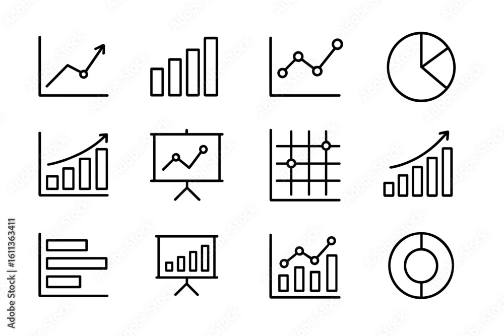 Poster business analytics chart graph diagram icon set. finance economics data visualization vector outline