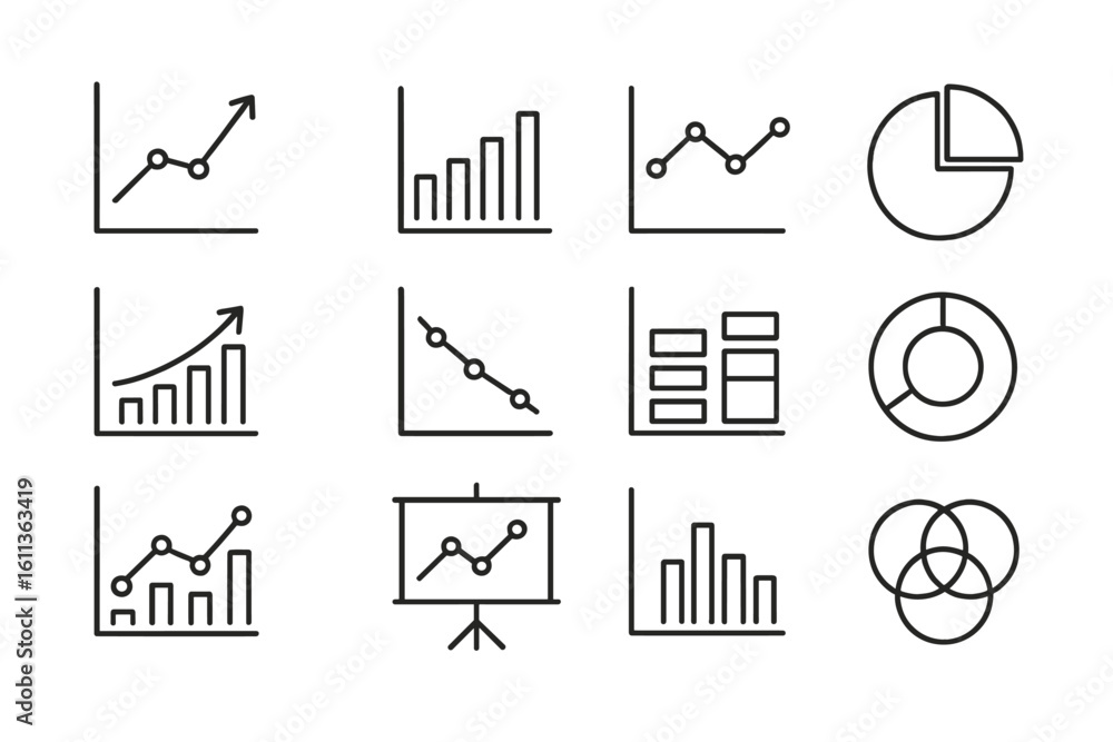 Poster business analytics chart graph diagram icon set. financial data visualization line icons. statistics