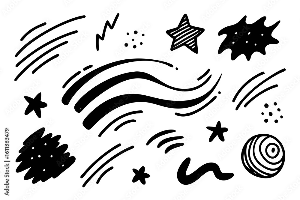 Poster hand drawn doodle elements in black and white featuring stars lines waves circles and splatters perf