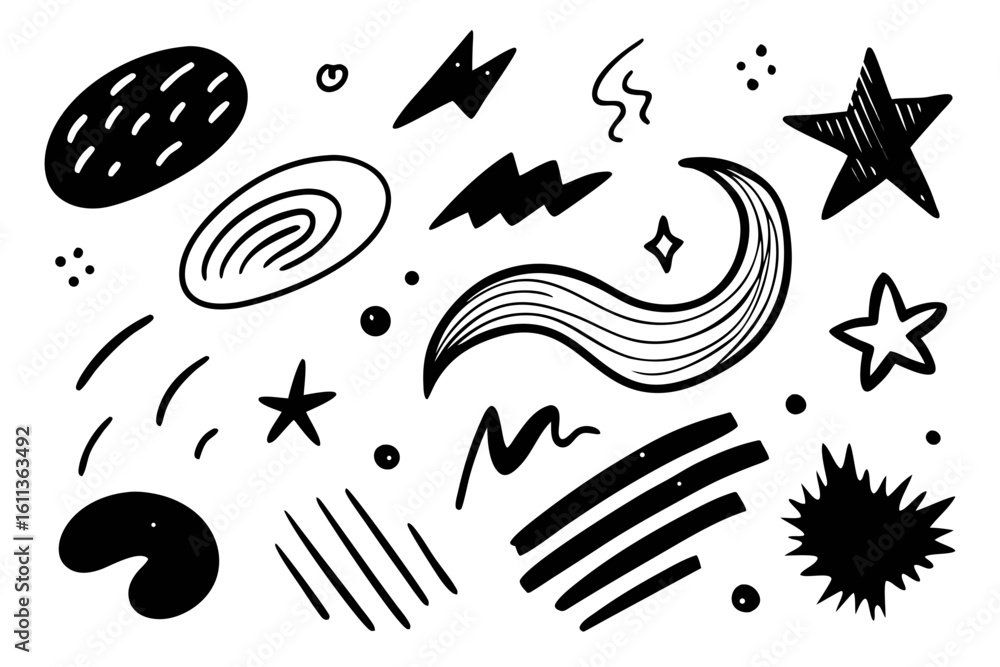 Poster collection of hand drawn abstract shapes and doodles in black and white perfect for adding a playful