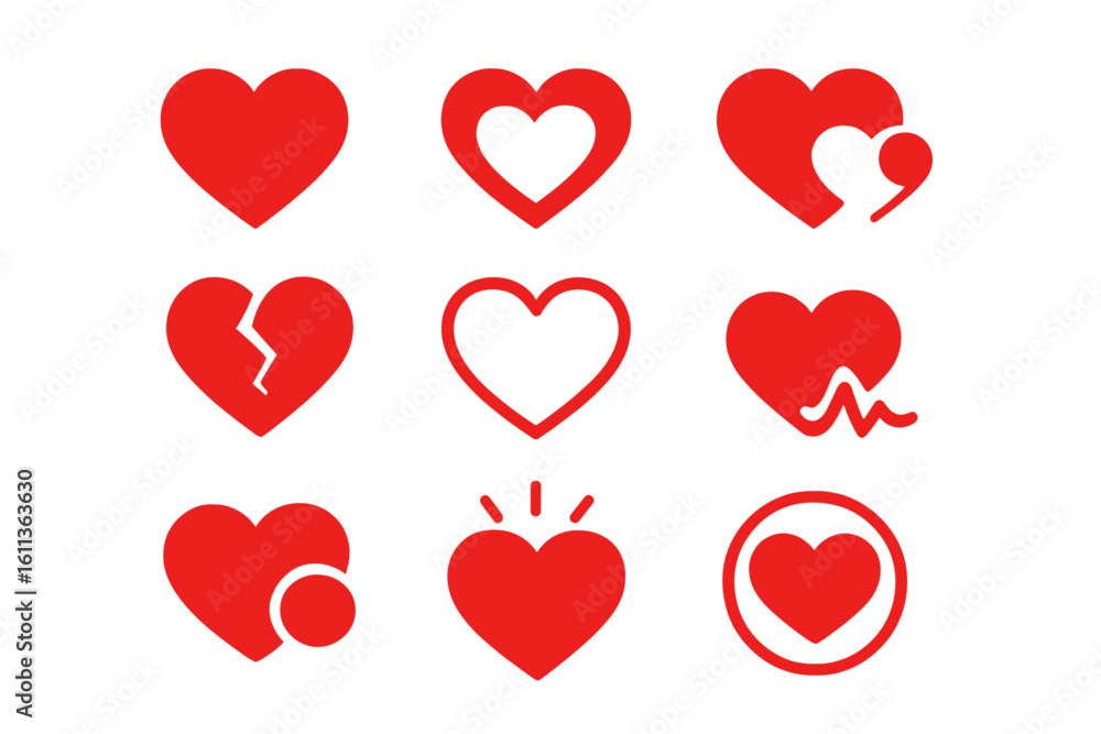 Poster heart icon set love symbols valentine romantic ui interface design elements. red hearts collection o
