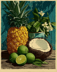 A retro-style still life illustration of tropical fruits, featuring a fresh pineapple, coconut, and limes on a rustic wooden surface.