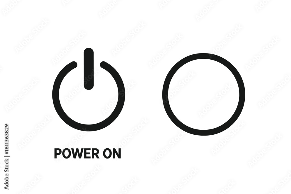 Poster power on off button icons set. black universal standby symbol, circular switch ring and solid circle
