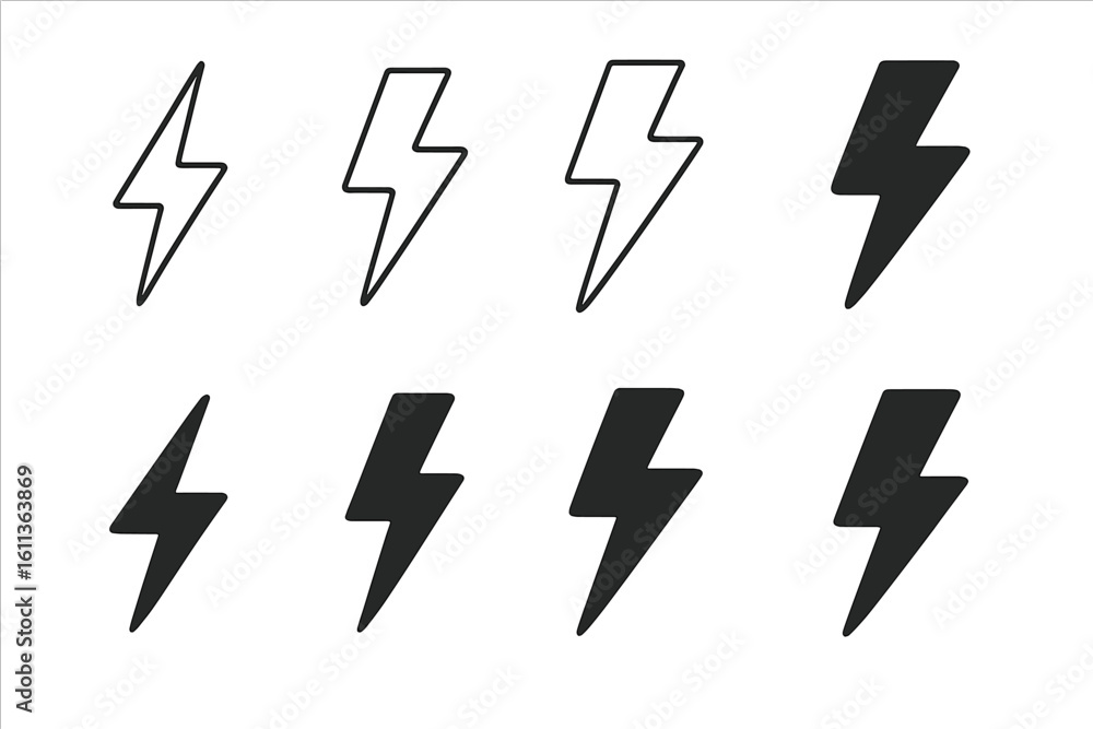Poster lightning bolt flash icons collection flat design outline silhouette symbols electric power energy t