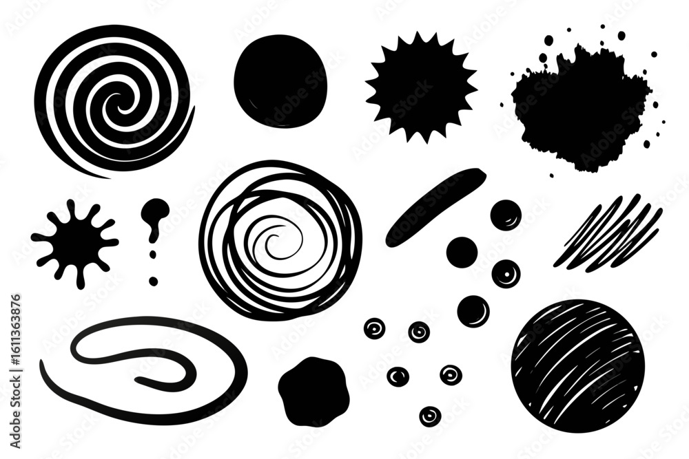 Poster collection of hand drawn black abstract shapes including spirals circles splatters and scribbles iso