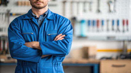 Technician in blue uniform stands confidently with crossed arms in workshop filled with tools. environment reflects professional and organized workspace, showcasing various equipment