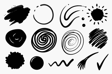 Collection of Hand Drawn Black Shapes and Elements Including Brush Strokes Circles Spirals Scribbles and Check Marks Isolated on a White Background for Design and