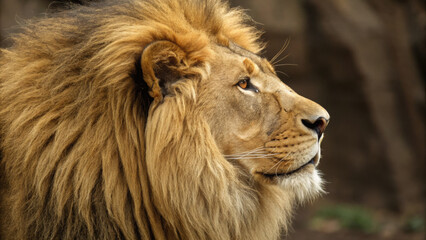 Majestic lion with thick, golden mane gazes thoughtfully into distance, showcasing its powerful presence and regal demeanor in natural setting