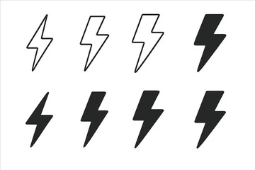 Lightning bolt flash icons collection flat design outline silhouette symbols electric power energy thunder storm weather vector graphics UI elements signs set