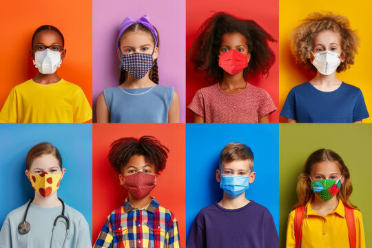 Collage of diverse children wearing colorful face masks against a multicolored background.