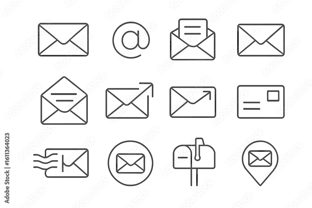 Poster mail email postal letter line icons set. communication correspondence mailing post office mailbox ou