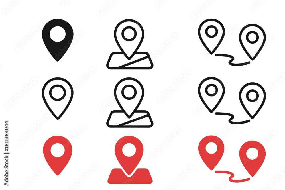 Poster map location pin icons set gps navigation markers pointer symbols black outline red filled styles is